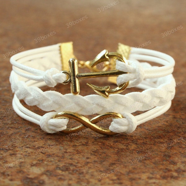 Anchor bracelet - white infinity bracelet with anchor symbol charm for girls, unique lover jewelry