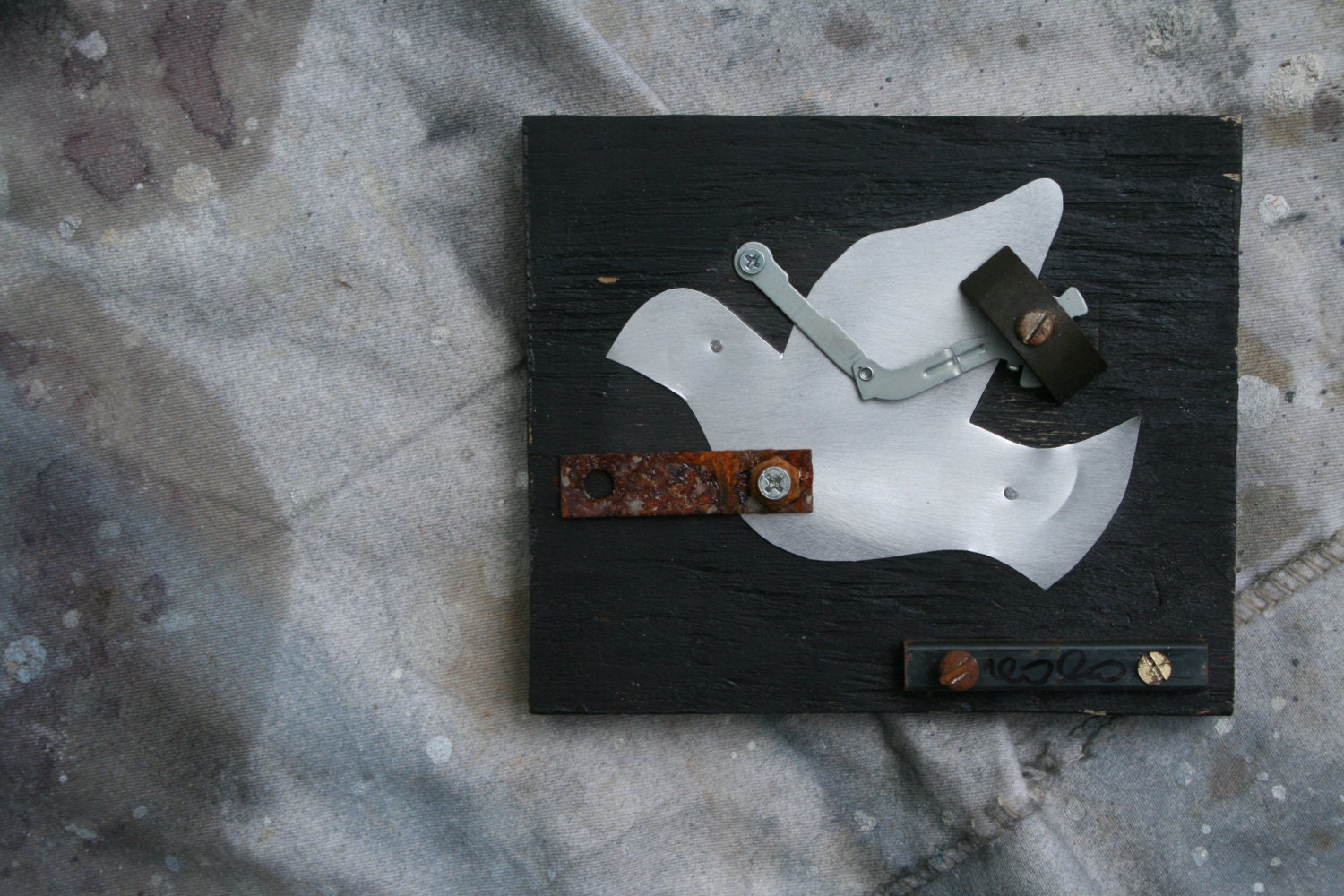 Dissolved ""Silhouette, Reclaimed Art, Bird, Wood Canvas, Recycled, Dove Bird, Mixed Media, Metal"