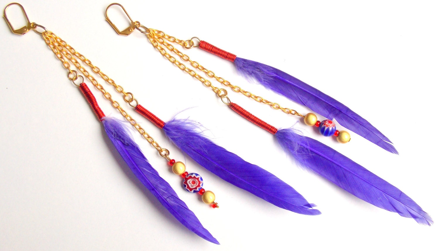 SALE 30% off Handmade Millefiori Chain Feather Earring - Purple / Red / Gold - Single Earring