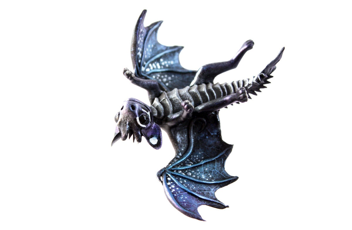 Little Dragon cute figurine black, dark purple, fantasy art sculpture handmade