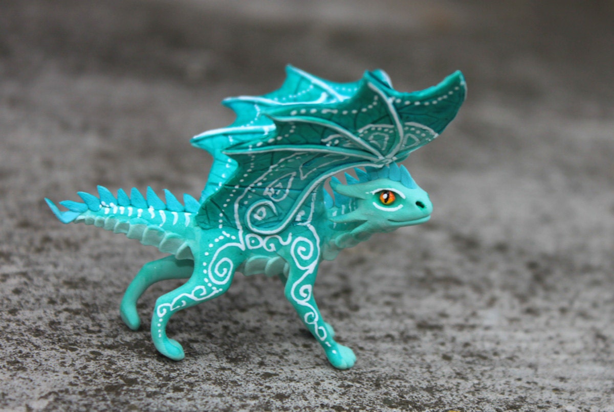 Little Dragon cute figurine mint green dragon, fantasy art sculpture handmade - magic gif
