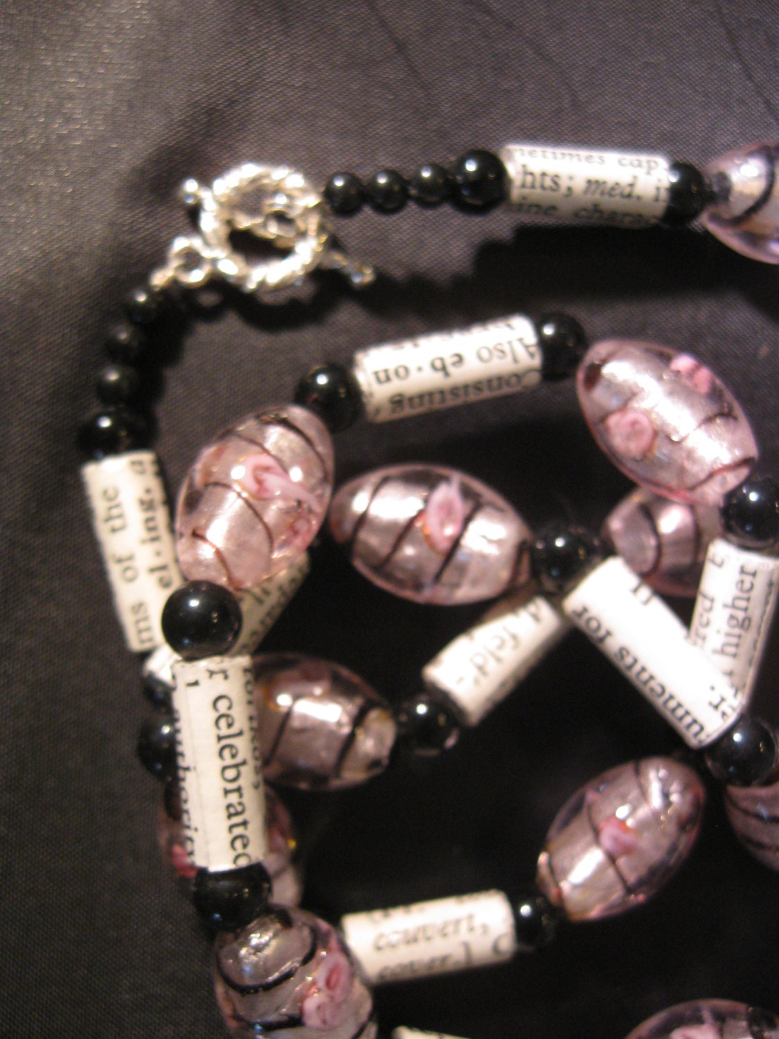 Paper Bead Necklace with Pink and Black Swirl Glass Beads and Black & White Paper Beads - Paper Beads are made from Dictionary Pages