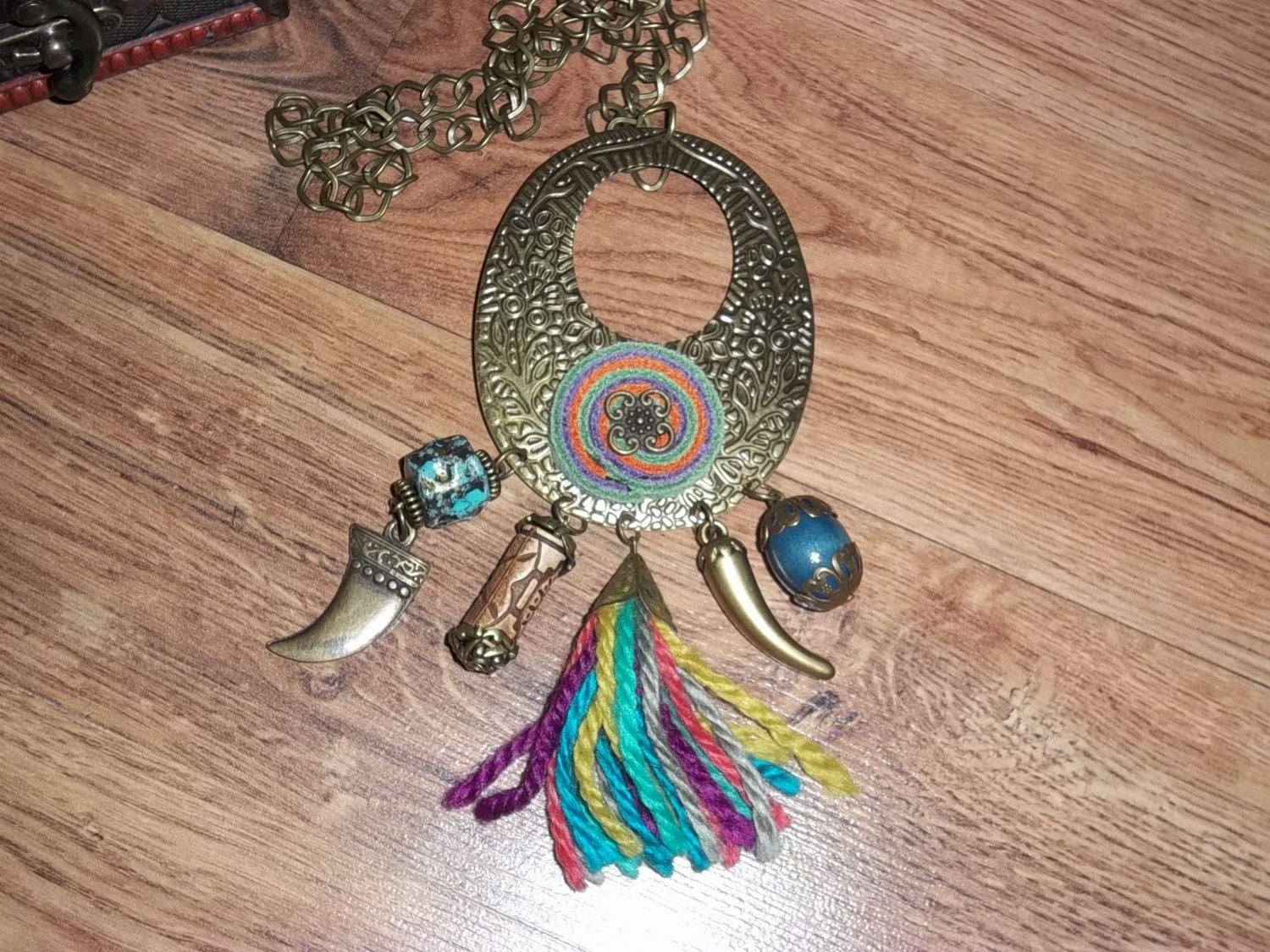 Necklace copper Charm Pendant, two good luck horns, colorful tassel. Handmade. Unique. Special gift.