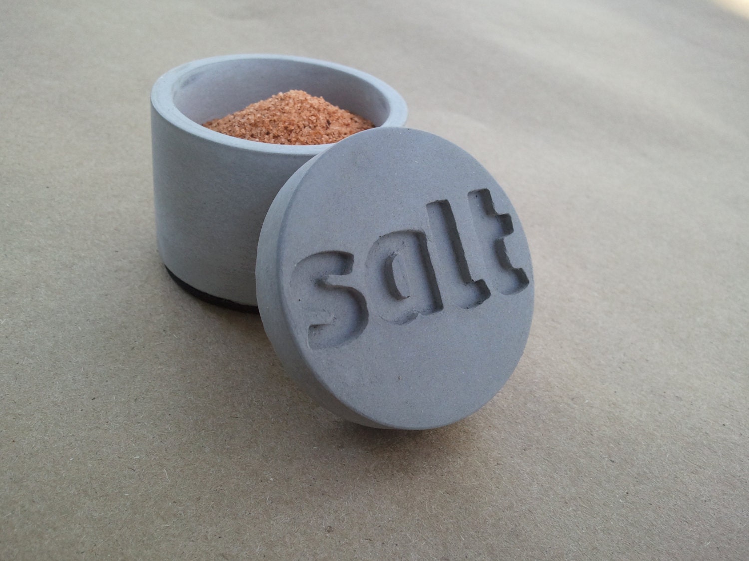 Kreteware Concrete - mini short concrete salt cellar spice jar with etched salt lid