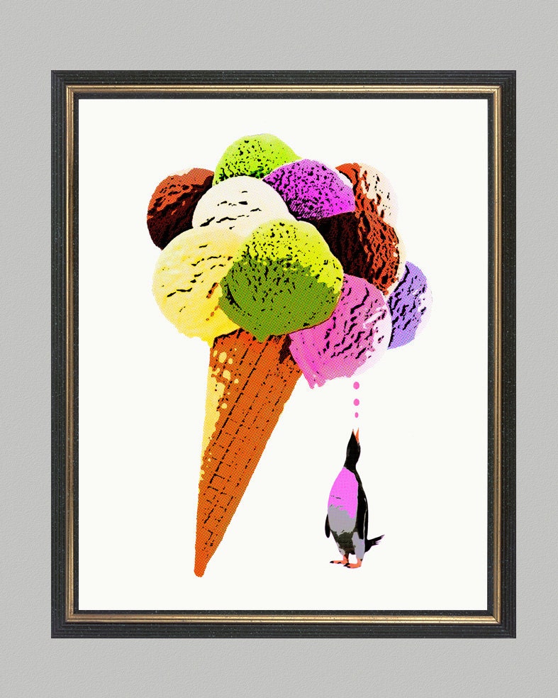 Penguin eats ice cream - print on Fine art watercolor paper 8x10 inch.