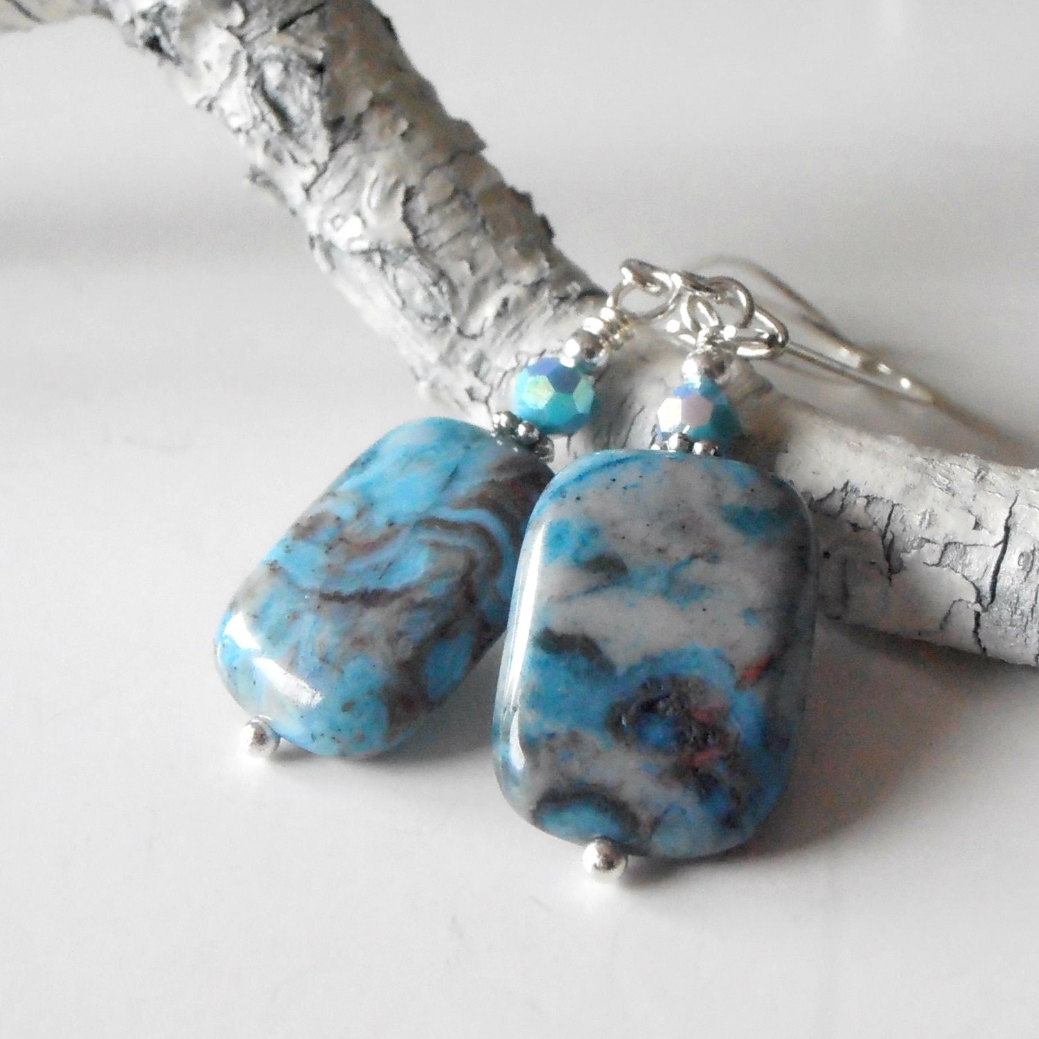Bead Earrings Agate Earrings Semi Precious Gemstone Earrings Blue Earrings Blue Agate Jewelry in Silver Beaded Dangle Earrings Handmade