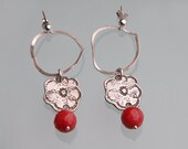Red jade engraved flower dangle earrings in sterling silver. Red bead flower print earrings. Engraved flower drop earrings. Artisan jewelry