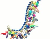 18k Gold Filled Charm Bracelet "Indian Summer", woven with blue cotton thread