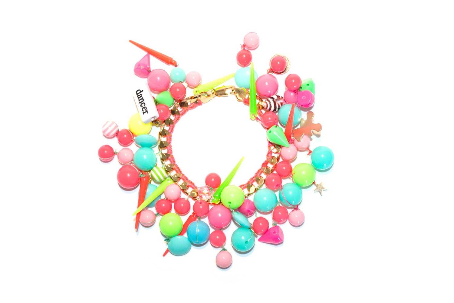 18k Gold Filled Charm Bracelet "Neon" woven with pink-orange neon cotton thread and multi-colored beads selection