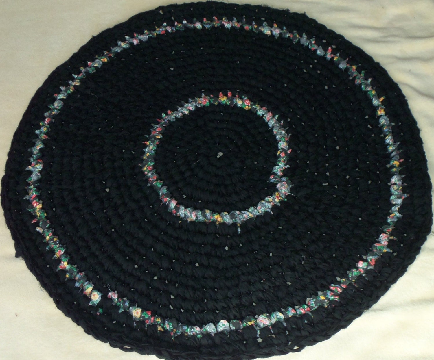 Rag Rug Black Round Handmade Crochet