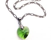 Green Heart Necklace, May Birthstone, Emerald Crystal Heart, Swarovski Pendant, Cute, Spring Green, Black Chain, Gunmetal, Emerald Jewelry