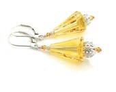 Yellow Earrings, Sunny, Filagree, Long Yellow Earrings, Sunflower Earrings, Cone, Sterling Silver, Topaz, Yellow Crystal, Yellow Jewelry