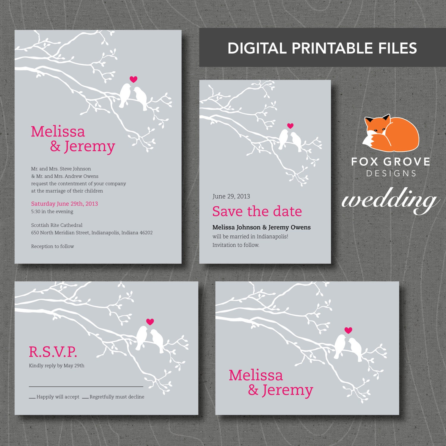 Wedding Suite: Invitation, RSVP, Save the Date, Thank You / "Lovebirds" / Customizable, Printable Digital Files / Printing Available in U.S.