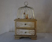 Bird cage on Florentine Gold Drawers / Footed Jewelry Box - Italian Style Made in Japan.Tole Wood. Patina.