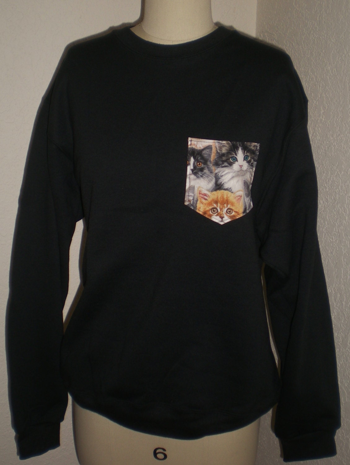 Patch Pocket Crew Neck Sweatshirt - Black/Kittens Galore