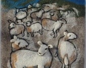 Felted relief picture "Sheep in the night" Wool Animal Handmade Home Decor Valentines  White Sheep Wall Hanging Fiber Art ready to ship
