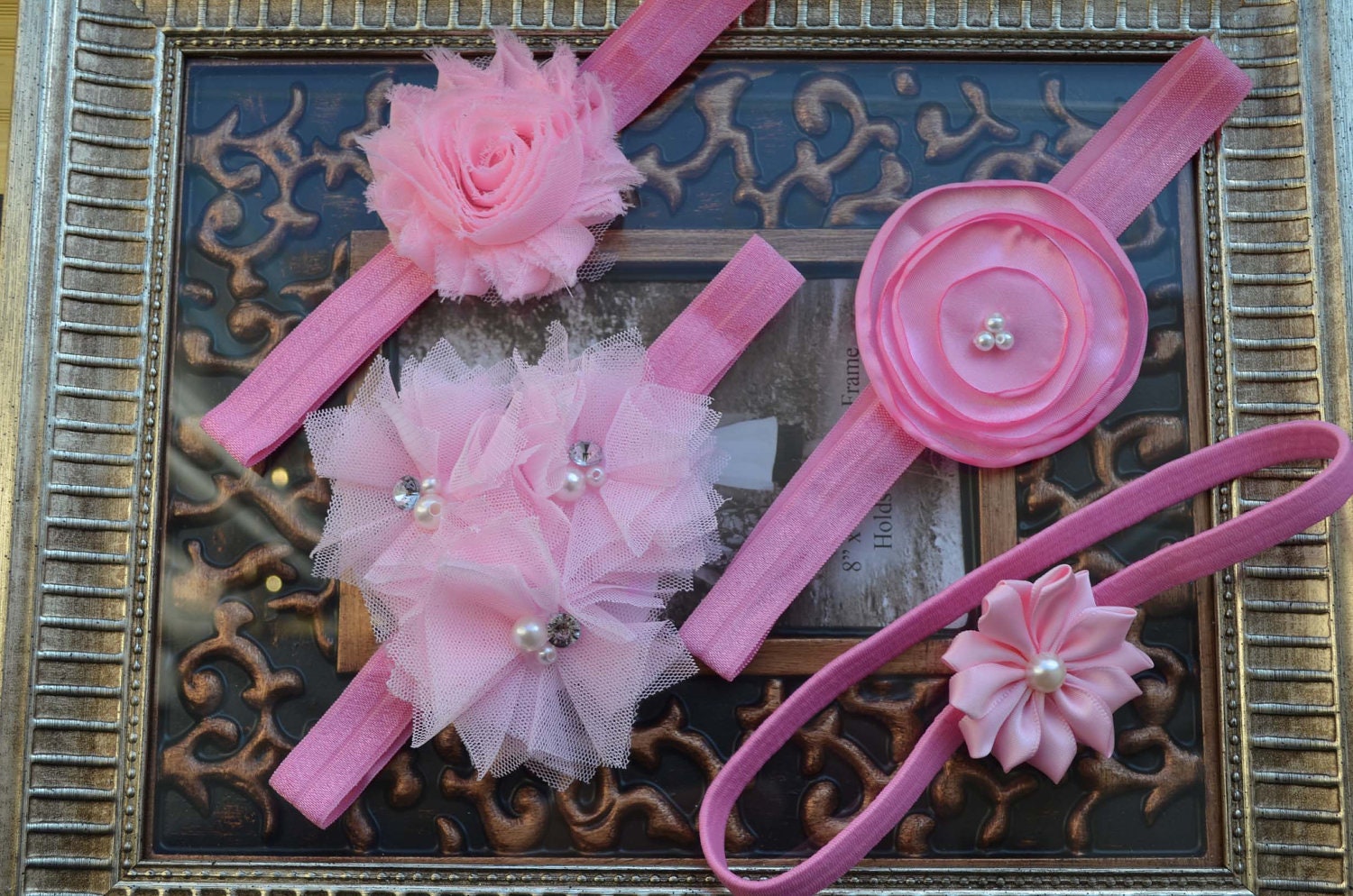 Christening Headband Baby Baptism Headband Pink  Rose Shabby Chic Vintage Pretty Princess  Rose Special Occasion  Newborn Photo Prop