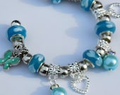 Girls Bangle Aqua Blue Theme Butterflies, Dangle Ball Drop and Silver Heart Charms EuroBead Inspired