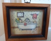 Vtg Bathtub Claw Feet Framed 3D Original Artist Signed Wall Art Retro Box Relax Zen Mom Reading Meditation 70s 80s