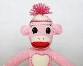 Pink sock monkey girl Julia Rockford Red Heel stuffed sock animal toy crochet hat with pompom and felt heart ooak baby shower gift for girl