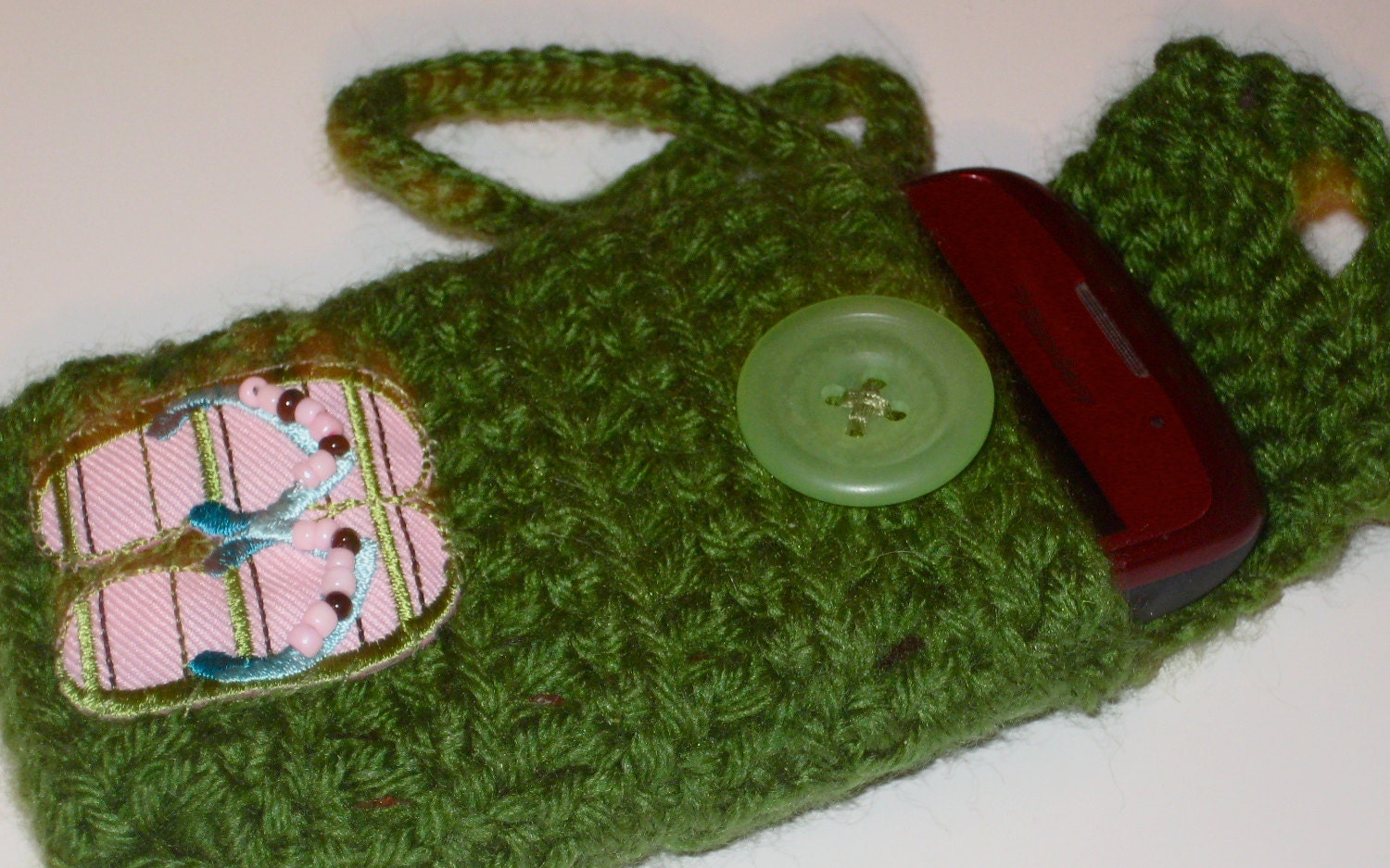 Crochet Cell Phone Cozy/Flip Flops Applique/ Green/Gift/