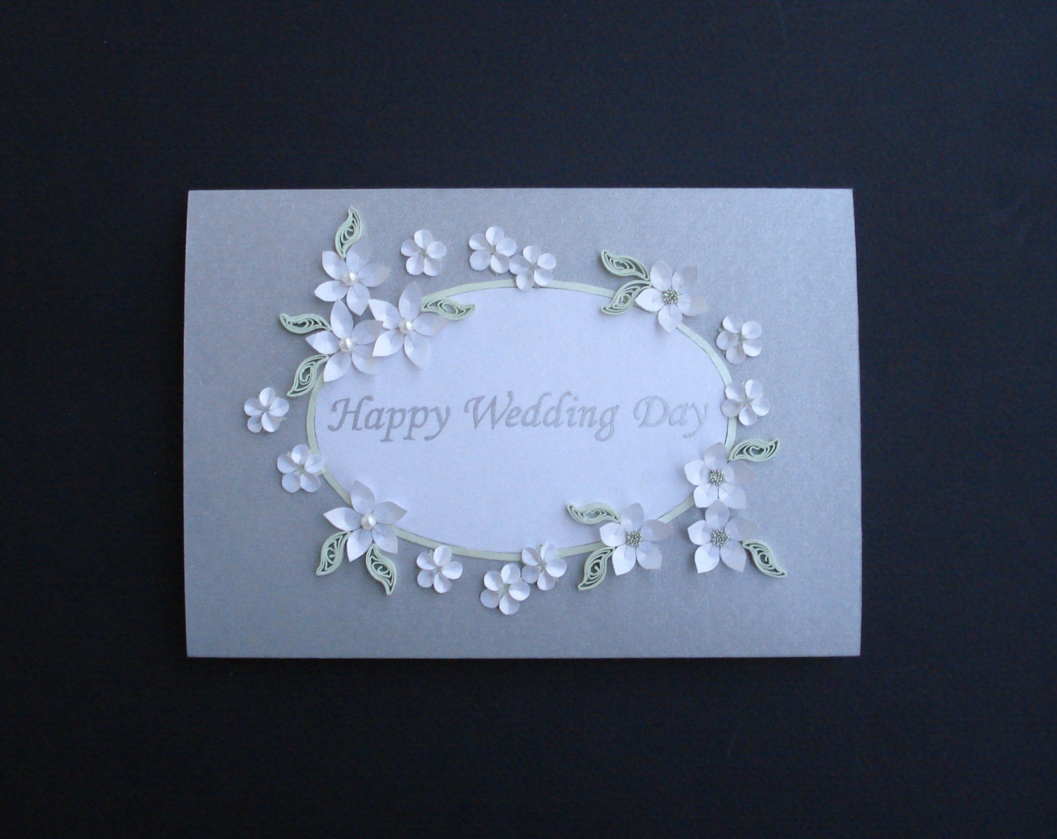 Happy Wedding Day - unique, handmade Wedding Day greeting card, silver and white with perl glow, 3D paper flowers, quilling
