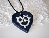 Blue pendant, white lace on blue polymer clay white blue jewelry white lace charm crochet lace heart pendant blue heart white tatted heart