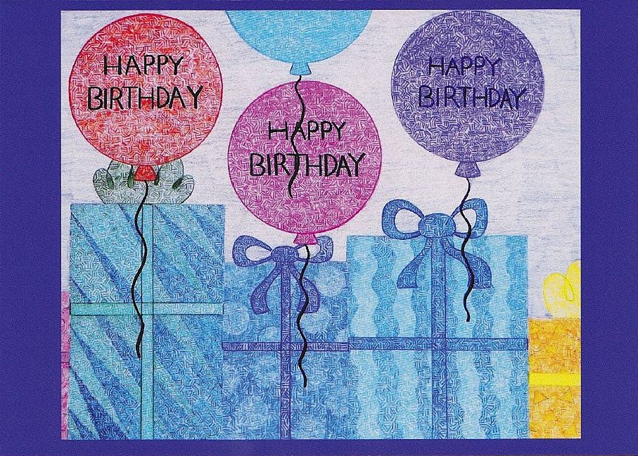 Original blank notecard greeting cards (set of 6) Happy Birthday Balloons Gifts Blue Border- by EmilyKimCreations