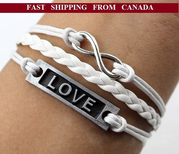 Love bracelet Infinity bracelet Infinity Love Bracelet Antique Silver Charm bracelet White Wax cord immitation leather karma bracelet