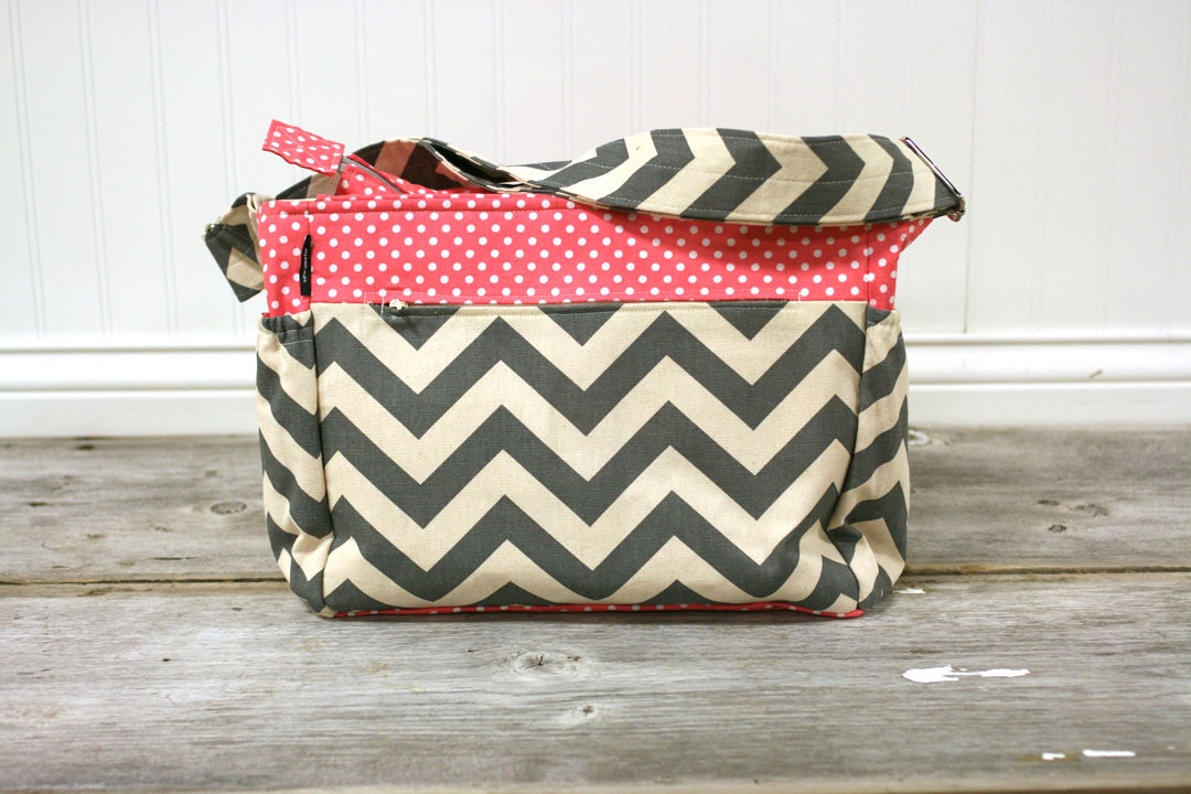 READY TO SHIP  zipper-top pink dots and grey chevron medium tote bag or diaper bag