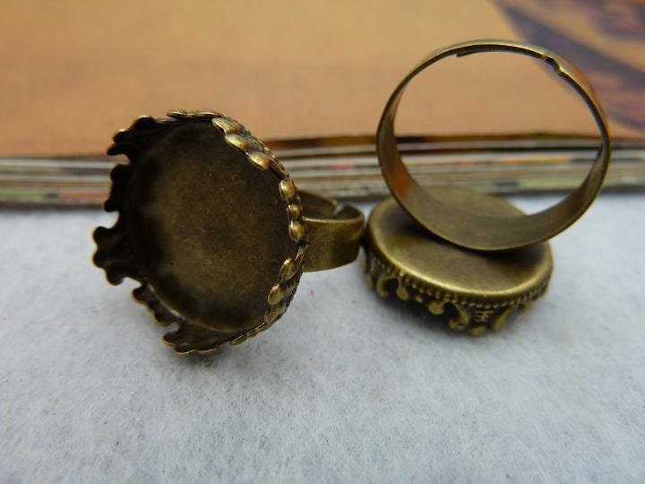10PCS Brass Antique Bronze Adjustable Filigree Ring Base with 18mm Round Crown Bezel Cup Cabochon Mountings Wholesale FREE SHIPPING