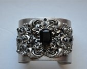 Vintage Style Cuff,Gothic Cuff,Swarovski Crystal Jet Black Cuff,Hematite,Neo Victorian,Steampunk,Lolita,Antique Silver,Art Deco,RAMSEY