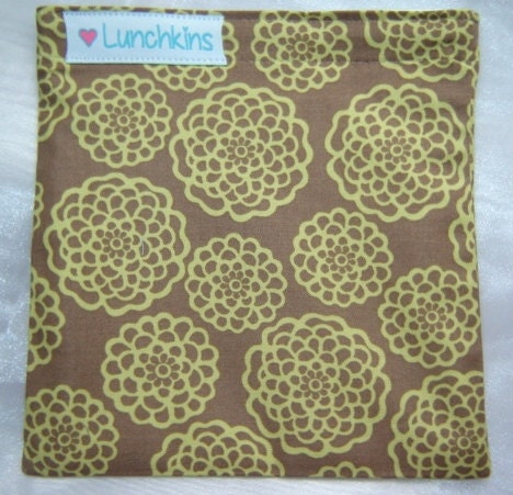 SANDWICH BAG Brown Green Flower Design Reusable with Nylon Lining
