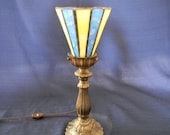 Yellow and Mottled Blue stained glass lamp