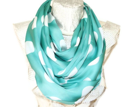 Silk Satin Lightweight Soft Mint Green with White Polka Dots Infinity Scarf, Circle Scarf, Women Accessories