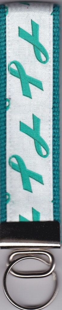 Green Wristlet Keychain Fob Made with Ovarian Cancer Awareness Ribbon Fabric Ready To Ship
