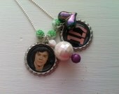 One Direction 1D Harry Styles bottle cap necklace with rose, pearled, and heart shaped beads on a 32" silver plated ball chain.