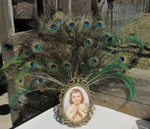 Items similar to Peacock feather photo frame holder includes vintage