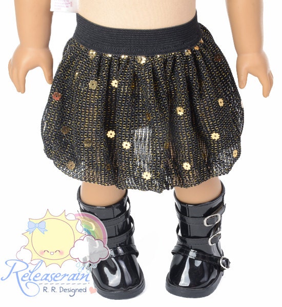 Black Elastic Banded Waist Black/Gold Sparkly with Gold Sequins Mesh Tulle Bubble Skirt Doll Clothes Outfit for 18" American Girl dolls