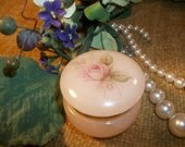 Vintage 1970's Hand Carved Italian Victorian Rose Pink and Gold Alabaster Ring Box, Dressing Table Jewelry Box