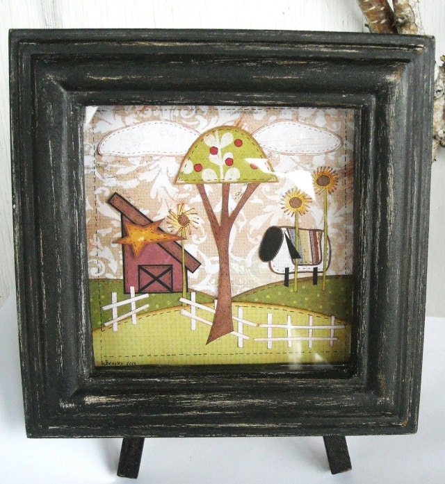 Primitive Farm Sheep Shadow Box Paper Quilt Art