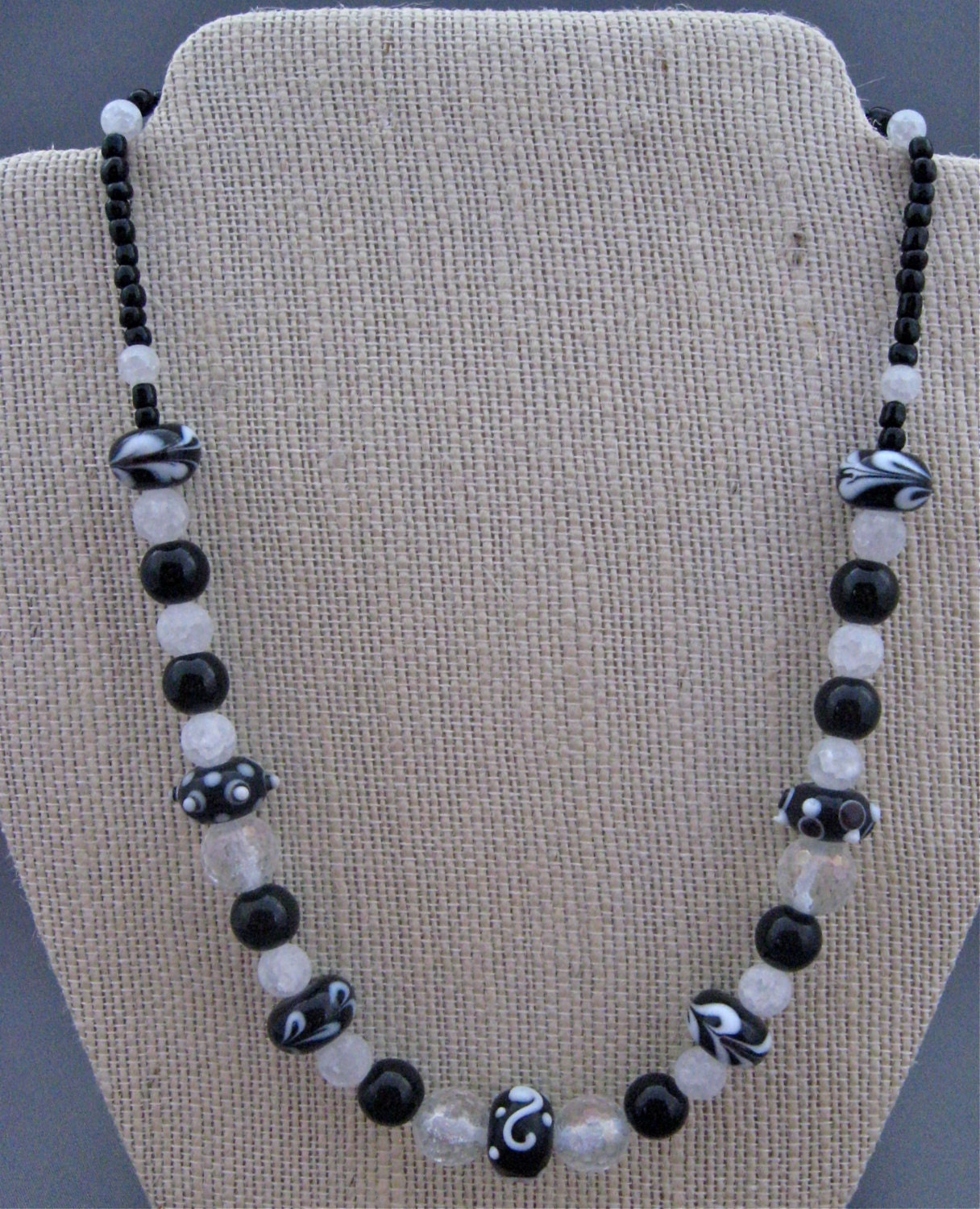Handmade Black & White Single Strand Statement Necklace Glass Lampwork Beads with Clear Crackle Round Beads and Toggle Clasp Free Shipping