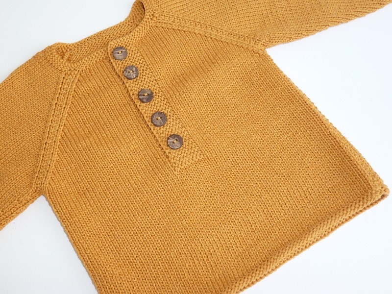 Baby boy sweater, 6 - 12 months, cotton, hand knitted, buttoned pullover, 6M 9M 12M, mustard yellow