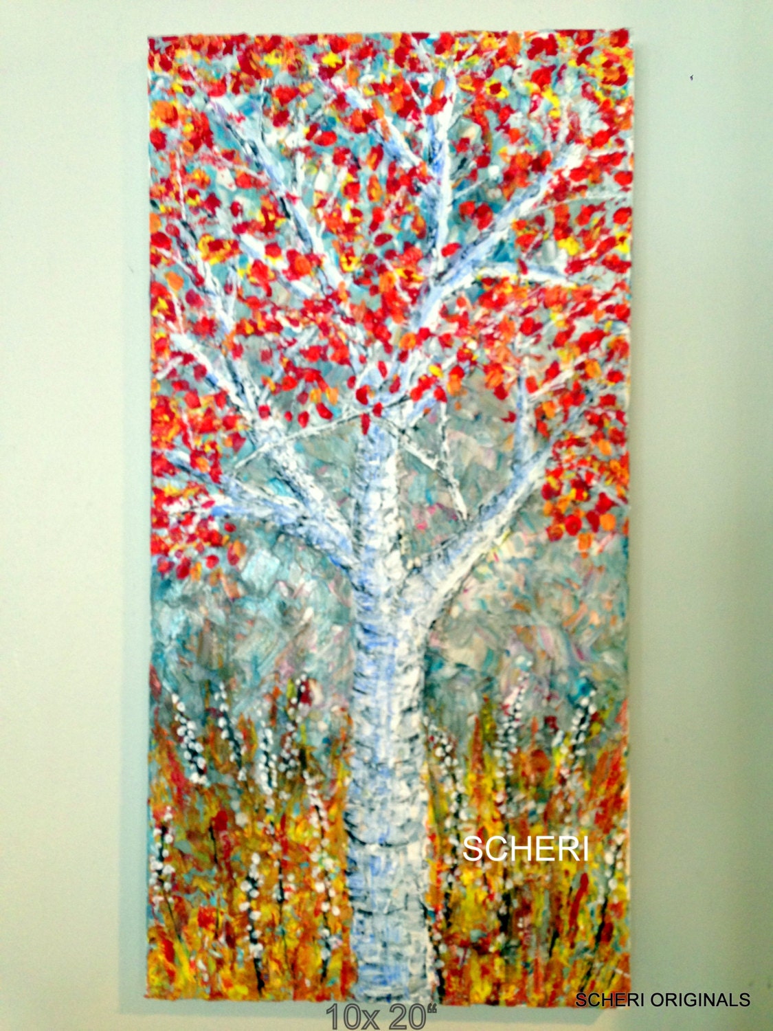 Birch In Field  Hand Painted Original on 10x20inch gallery wrapped canvas P Scheri Pallette knife