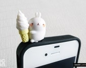SALE30%OFF: Cute Bunny Munching Ice Cream iPhone Plug . Phone Charm . Phone Plug . Dust Plug // Hand Painted, Kawaii, Cute, Rabbit, Gift