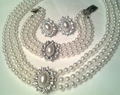 wedding bridal  jewelry pearl rhinestone crystal necklace chocker bracelet and clip on earring set lot