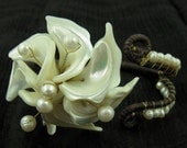 White Mother of Pearl Cuff Shell Pearl Wax Cotton Flower Bracelet Brass Bangle Beach Wedding Bridal Jewelry
