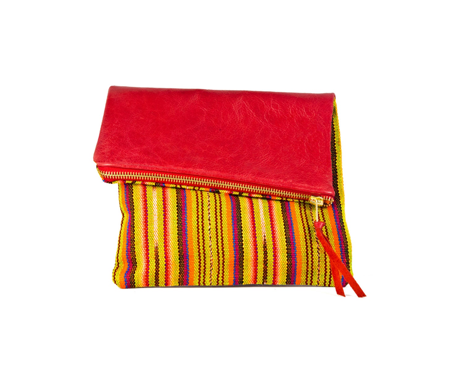 Mustard Yellow Leather and Woven Fabric Foldover Clutch with Brass Zipper