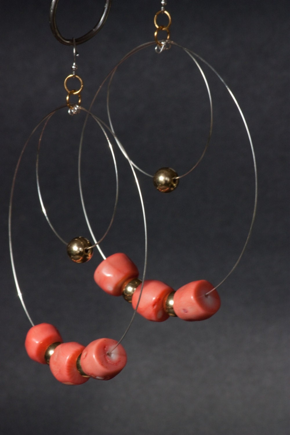 Coral Handmade Large Chunky Silver Plated Hoop Earrings With Pink Coral and Gold Plated Beads - Boho Chic