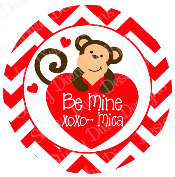 PERSONALIZED VALENTINE STICKERS - Monkey Chevron  - Round Gloss Sticker Labels